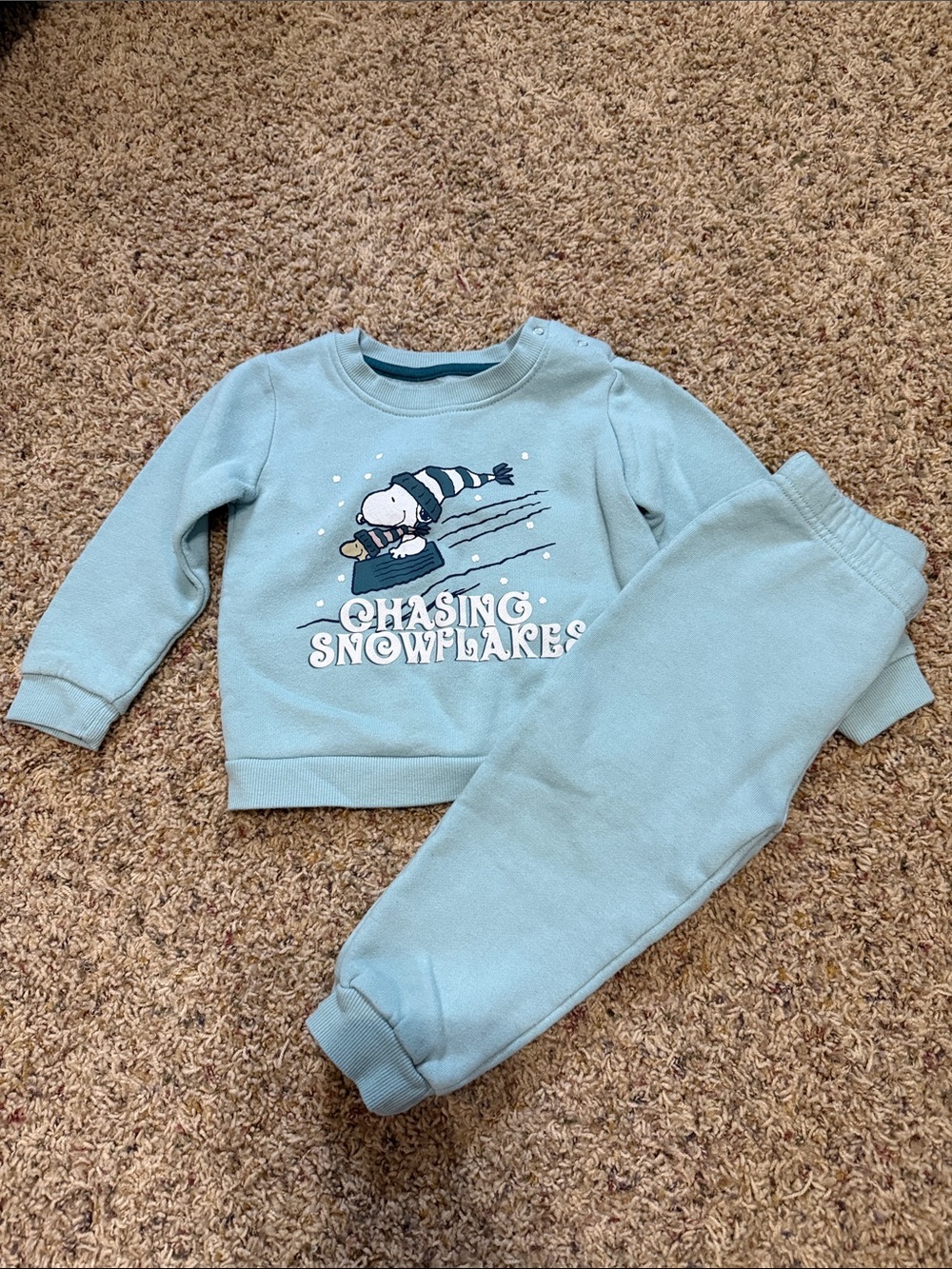 Kids Light Blue-Green 'Chasing Snowflakes' Peanuts Sweatshirt & Jogger Set